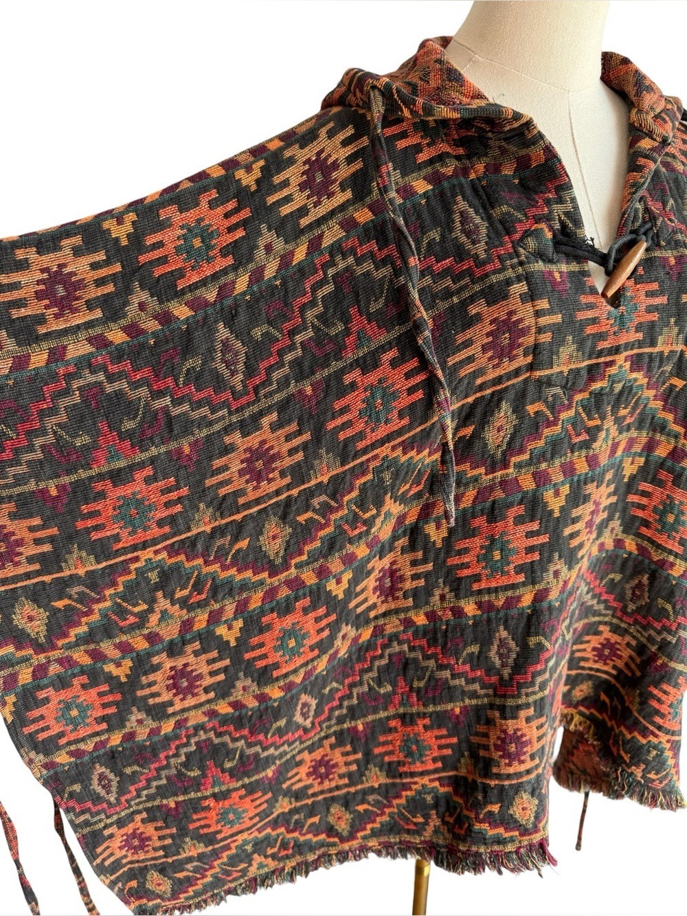Vintage 100% Cotton Hooded Poncho O/S Multicolour Boho Woven Cape Festival Folk